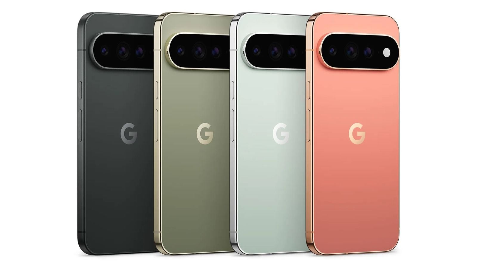 Čtyři telefony Google Pixel 9 v řadě v černé, olivové, mátové a korálové barvě, pohled zezadu