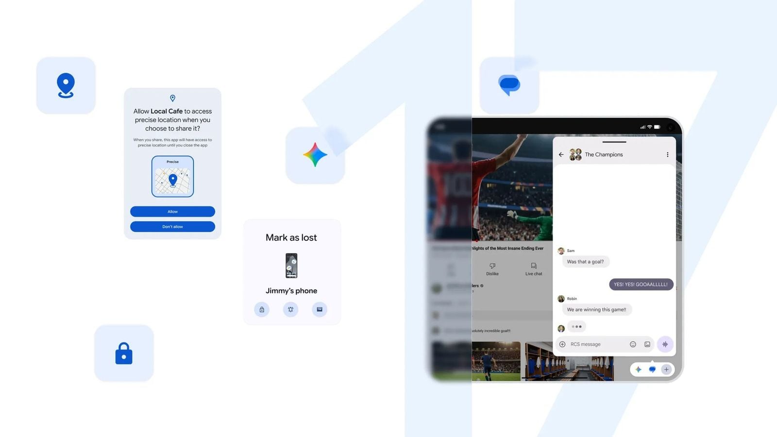 Koláž Android rozhraní: dialog polohy, ikona Gemini, Find My Device a RCS zprávy na telefonu
