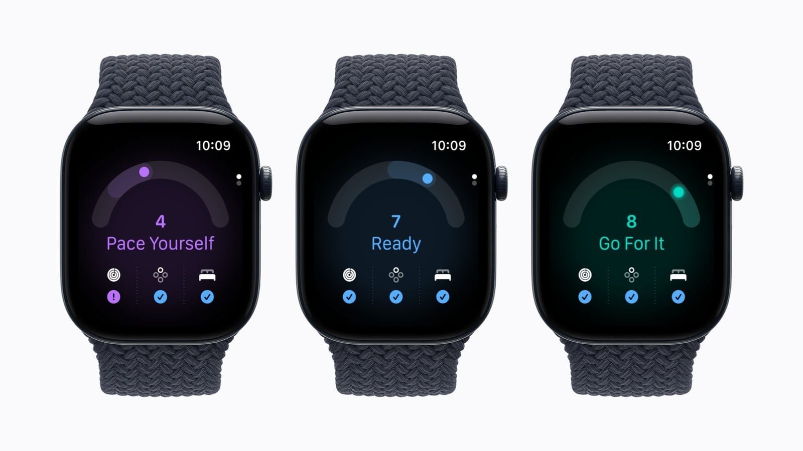 Tři Apple Watch Series 12 zobrazují skóre připravenosti: Pace Yourself, Ready a Go For It