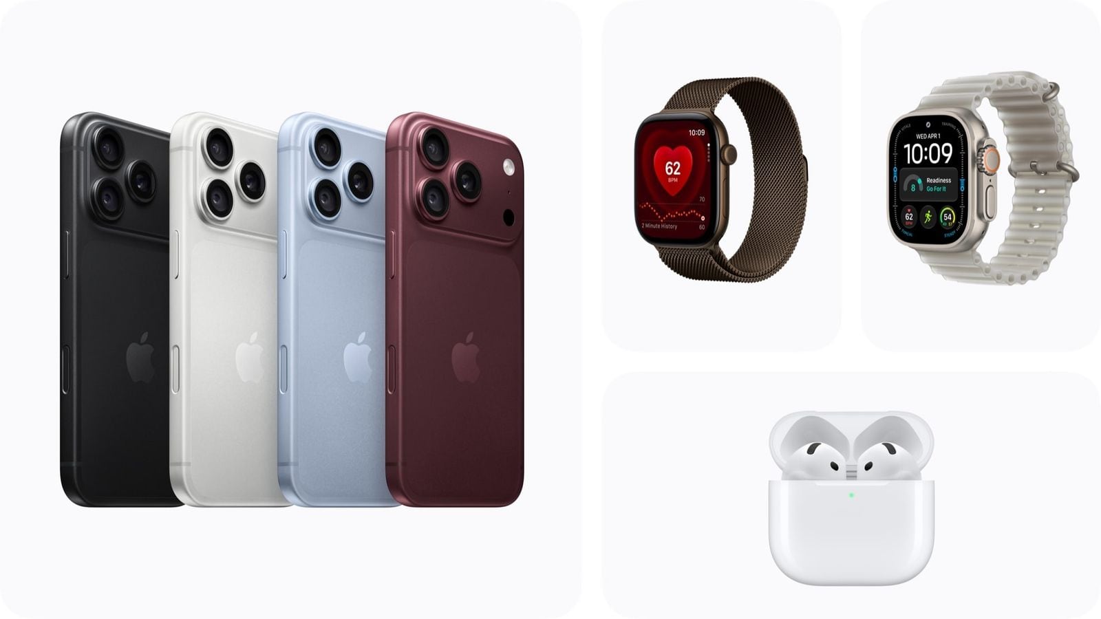 iPhone 18 Pro v černé, stříbrné, ledově modré a vínové, tři Apple Watch Series 12 a AirPods 5