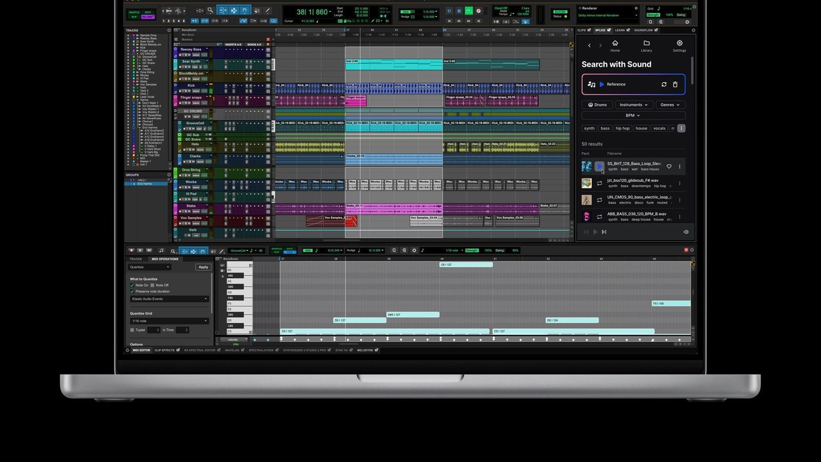 MacBook Pro shows a music production screen in Avid Pro Tools.