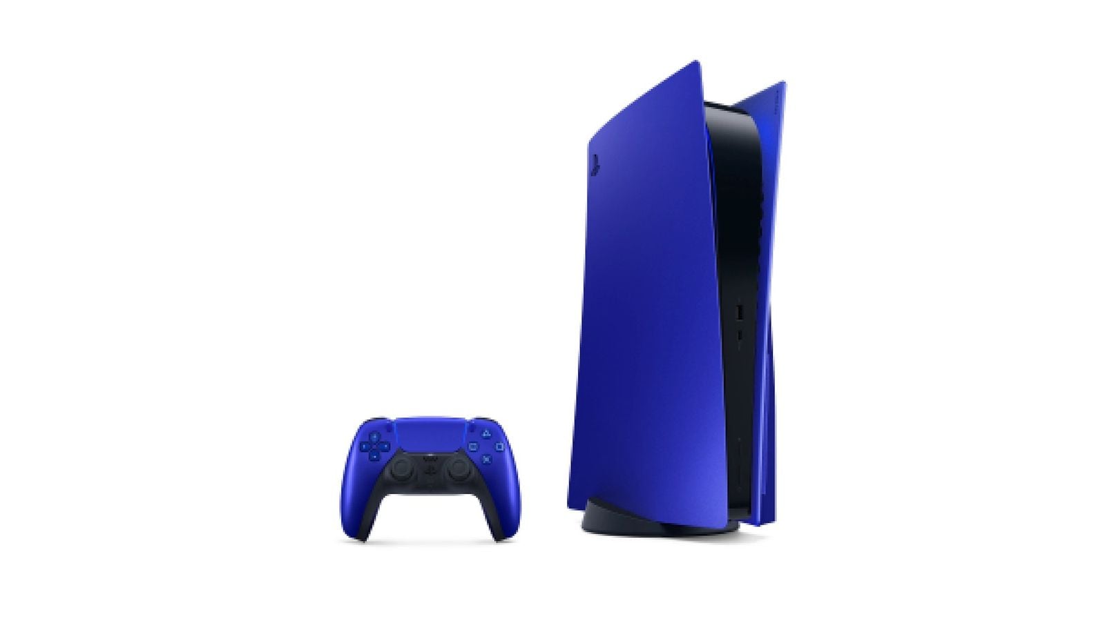 PS5 konzole s modrými bočními kryty a modrým DualSense ovladačem