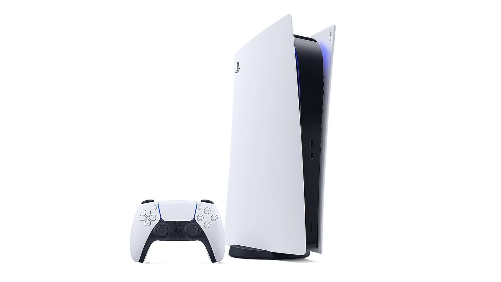 PS5 konzole postavená s bílým ovladačem DualSense vedle ní