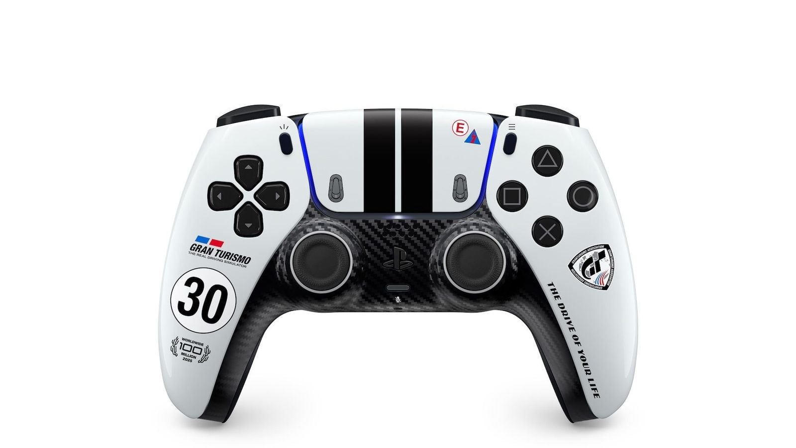 DualSense ovladač, bílý, design ve stylu Gran Turismo s černým pruhem